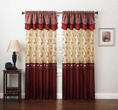 Fancy Collection Embroidery Curtain Set 1 Panel Drapes with Backing & Valance (55"x 63", Burgundy)
