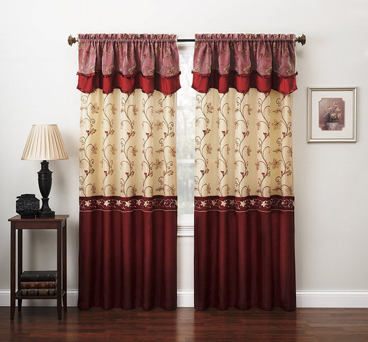 Fancy Collection Embroidery Curtain Set 1 Panel Drapes with Backing & Valance (55"x 63", Burgundy)