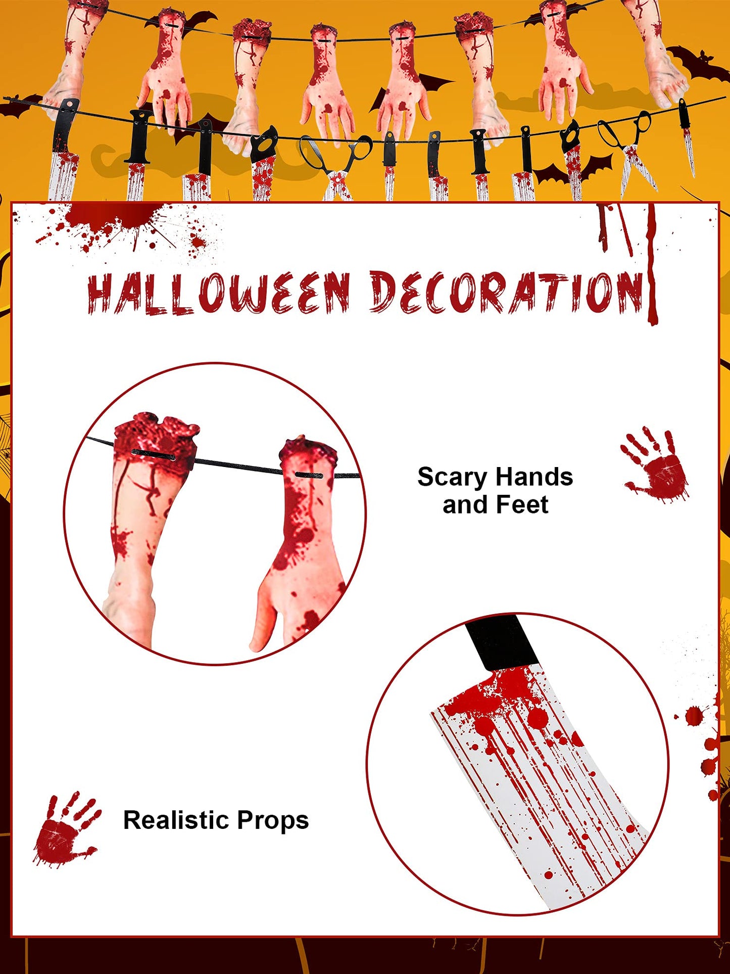 6 Sets Halloween Bloody Garland Banner, Include 48 Garland and 16 Fake Scary Broken Hands and Feet Hanging Decor, Halloween Party Decoration Scary Banner Supplies