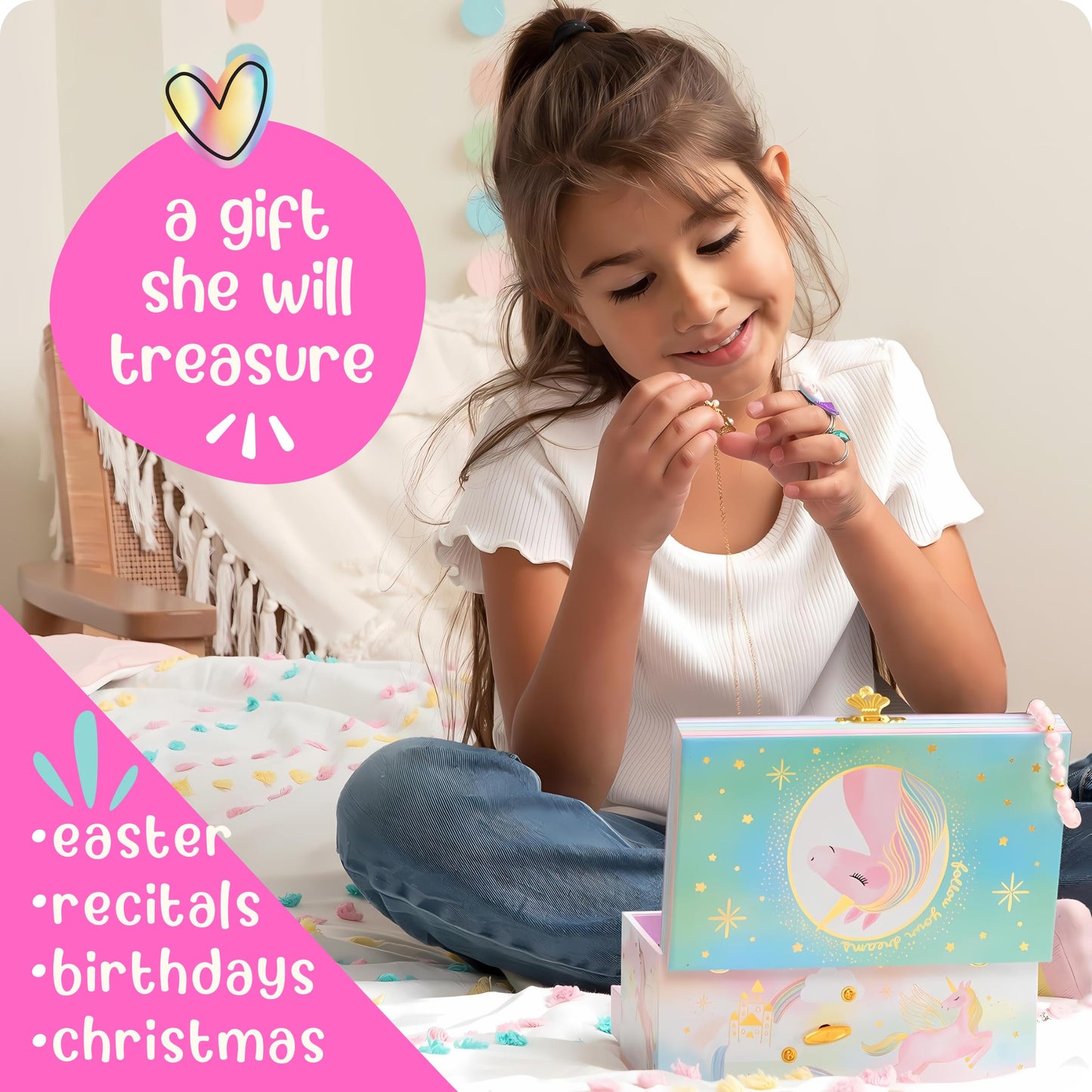 Giggle & Honey Musical Jewelry Box for Girls - Kids Jewelry Box, Unicorn Toys for Girls 4-6, Unicorn Gifts, 6 x 4.7 x 3.5 in