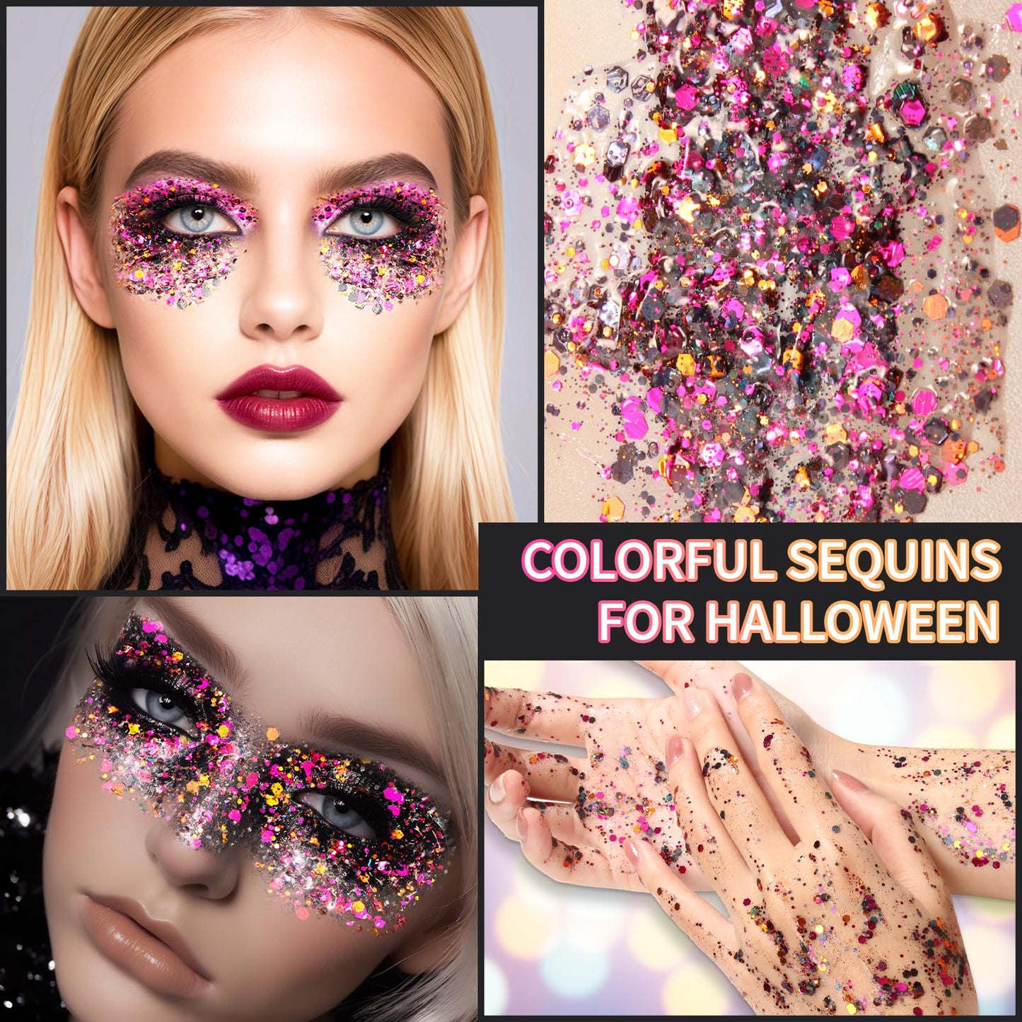 DAGEDA Halloween Black Body Glitter Gel, Face Hair Glitter Body Shimmer, Halloween Costume Accessories Chunky Glitters Eyeshadow, Holographic Cosmetic Sequins Festival Outfits for Women 50ml