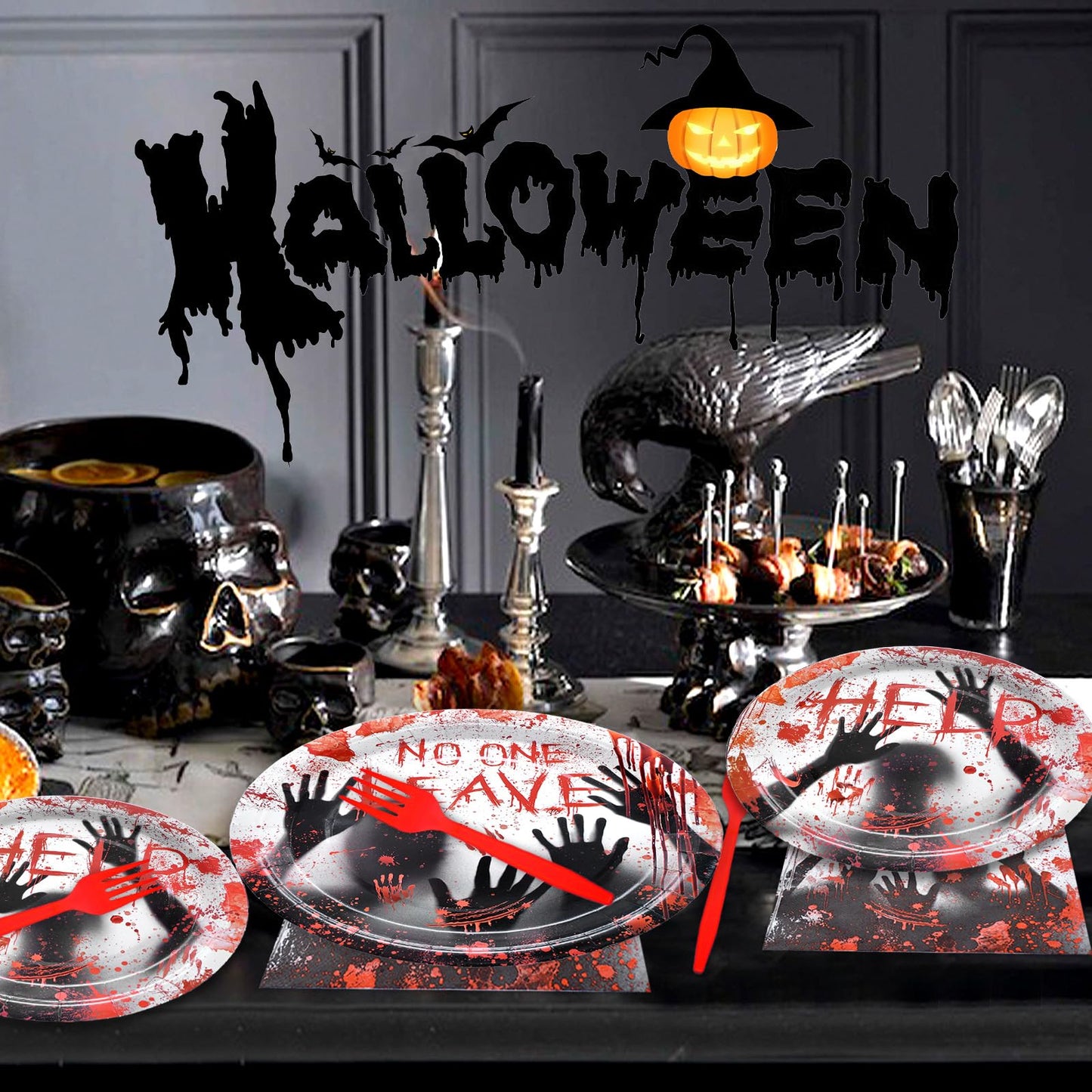 96 Pieces Halloween NO ONE LEAVES Tableware Set - Spooky Disposable Dinnerware with Plates, Napkins, Forks for Halloween Horror-Themed Events, and Haunted House Party Supplies, Serves 24 Guests
