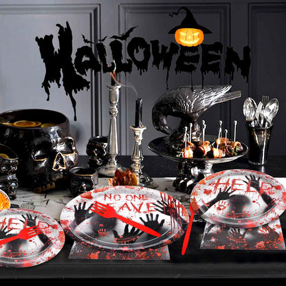 96 Pieces Halloween NO ONE LEAVES Tableware Set - Spooky Disposable Dinnerware with Plates, Napkins, Forks for Halloween Horror-Themed Events, and Haunted House Party Supplies, Serves 24 Guests