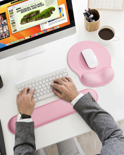 Laborio Ergonomic Mouse Pad Wrist Support Set, Memory Foam Keyboard Wrist Rest Set, Relieve Wrist Pain Keyboard Pad, Non-Slip Base Mousepad(Pink Set)