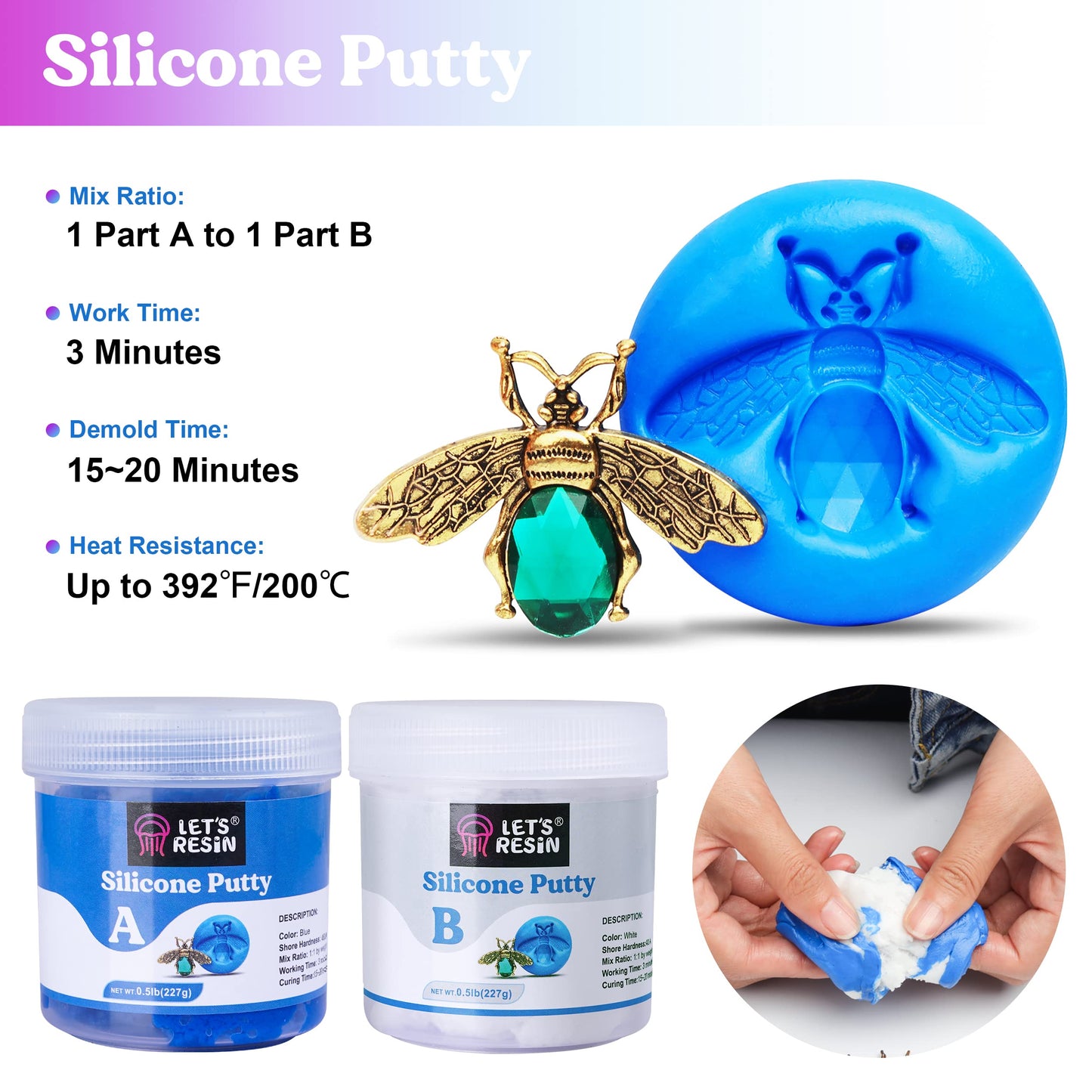 LET'S RESIN Silicone Putty, 1LB/40A Mold Making Kit, Non-Toxic, Strong & Flexible, Easy 1:1 Mixing Ratio for Reusable Silicone Molds, Resin, Soap