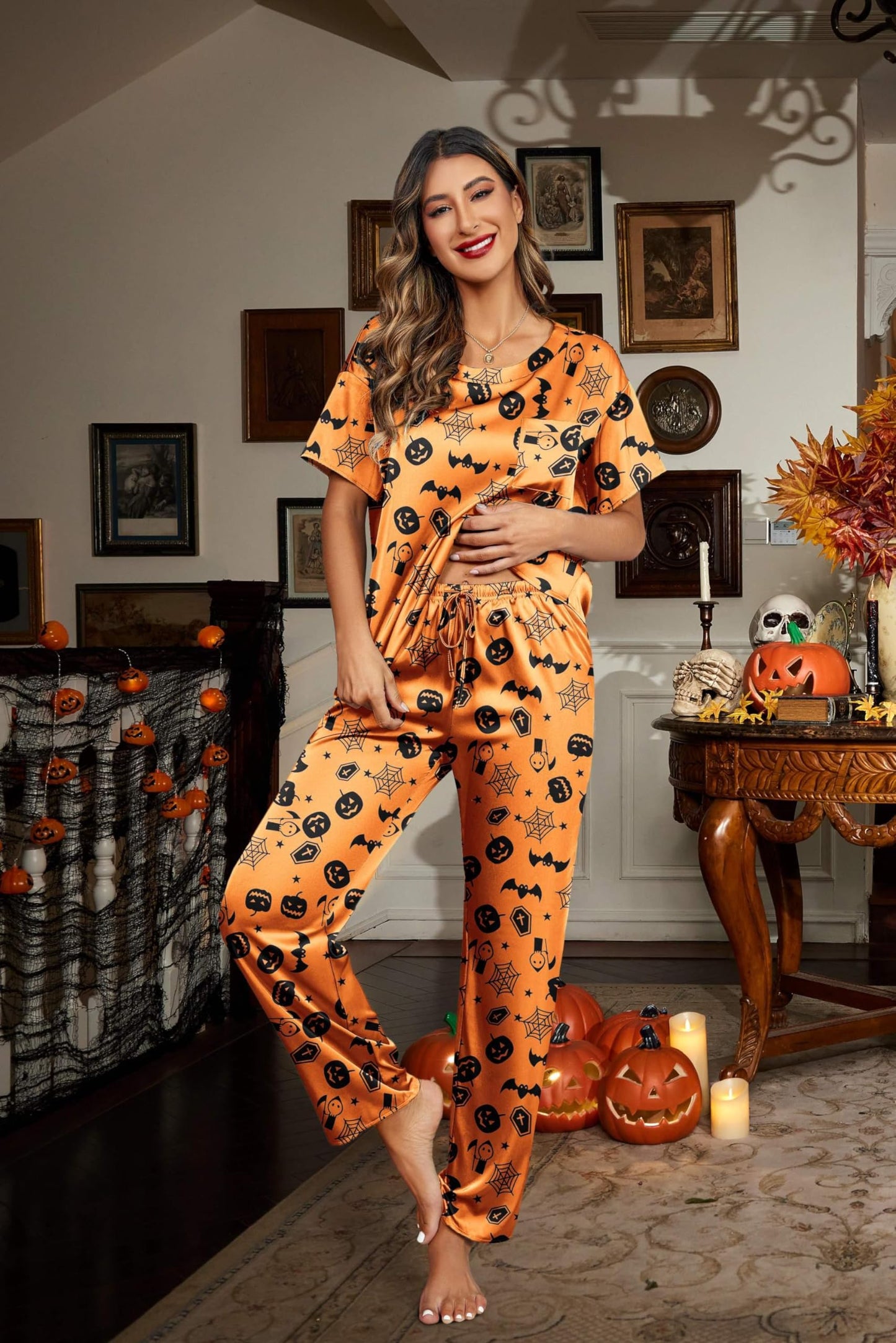 Ekouaer Womens Satin Silky Pajama Set Short Sleeve Shirt with Long Pajama Pant Set Soft PJ Loungewear