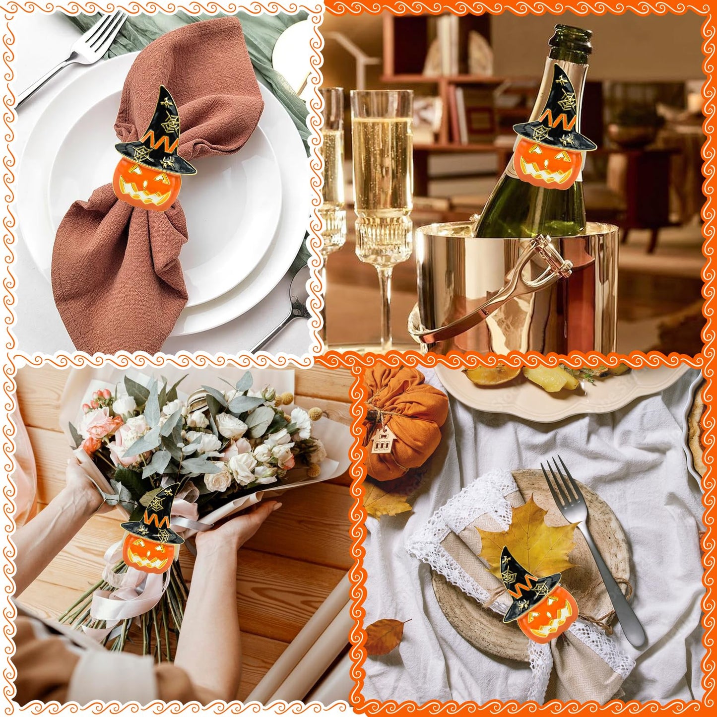 Legigo Set of 6 Halloween Napkin Rings for Dinning Table Settings- Horror Scary Orange Pumpkin Black Witch Hat Napkin Holder Ring for Holiday Party Kitchen Dinner Table Decarations