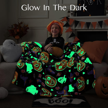 Joiedomi Halloween Blanket Soft Flannel Fleece Throw Blanket Glow in The Dark Halloween Pumpkin Ghost Bat for Kids Bed Living Room Gifts 50"×60"