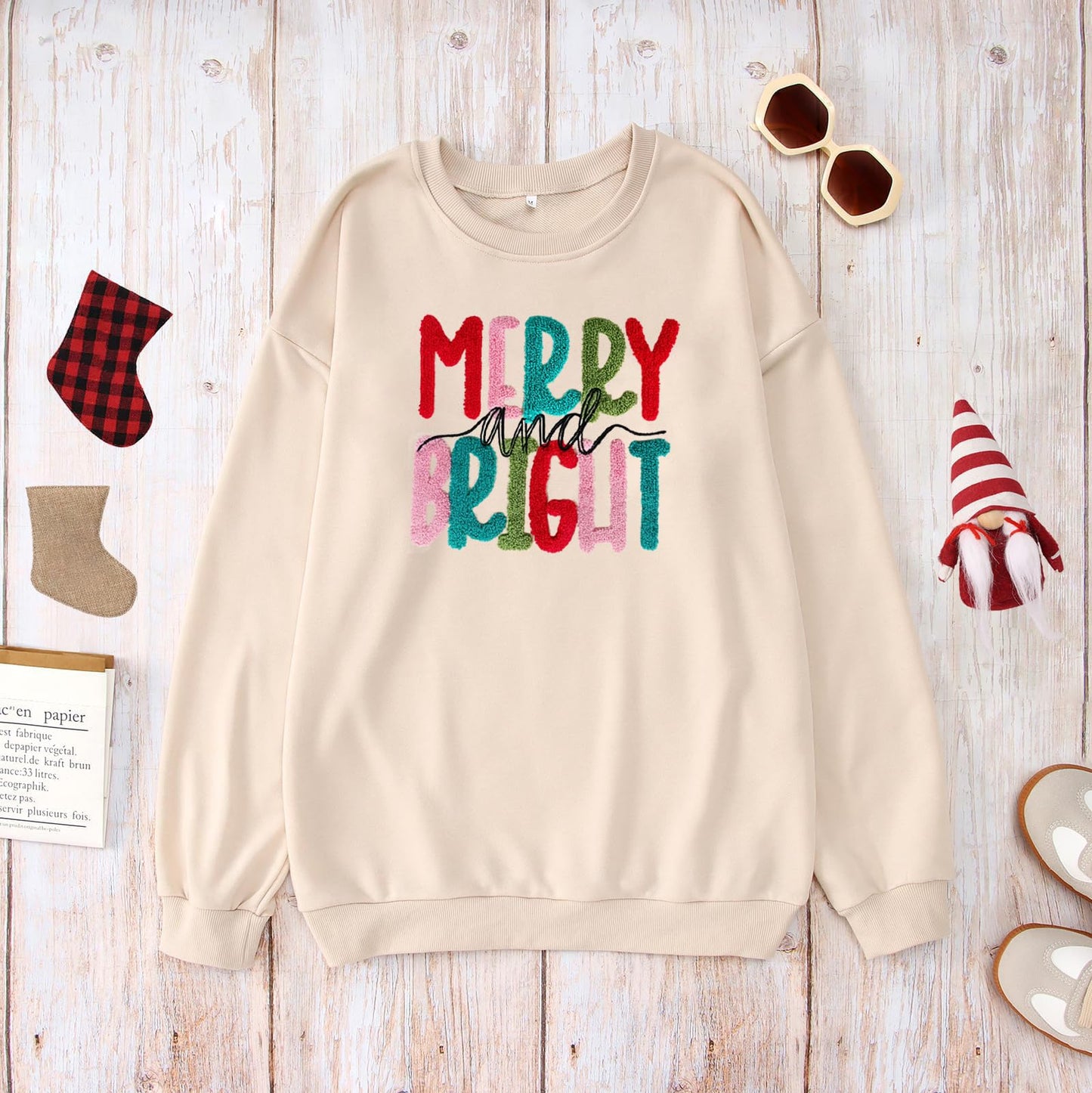Merry Christmas Sweatshirts Women Merry And Bright Christmas Pullover Top Chenille Patch Letter Printed Xmas Gifts Top Apricot