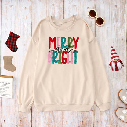Merry Christmas Sweatshirts Women Merry And Bright Christmas Pullover Top Chenille Patch Letter Printed Xmas Gifts Top Apricot