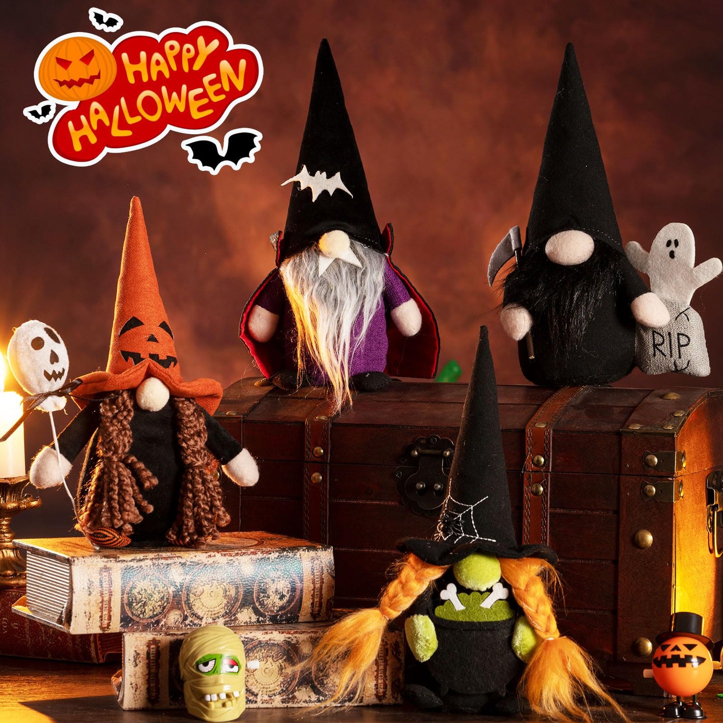 DraMosary Halloween Gnomes Plush Elf Decoration, 4PCS Handmade Reaper Witch Vampire Pumpkin Ghost Dolls for Halloween Table Ornament, Tiered Tray Decor, Party Favor, Trick or Treat