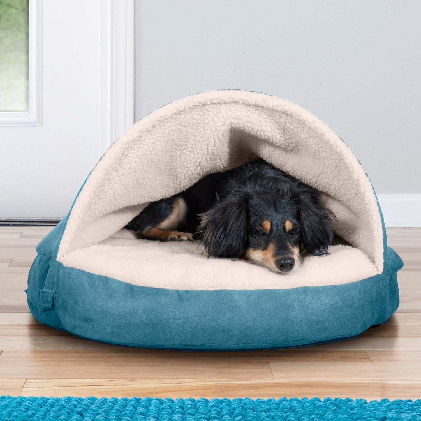 FurHaven Pet Dog Bed | Cooling Gel Memory Foam Orthopedic Round Faux Sheepskin Snuggery Pet Bed for Dogs & Cats, Blue, 26-Inch