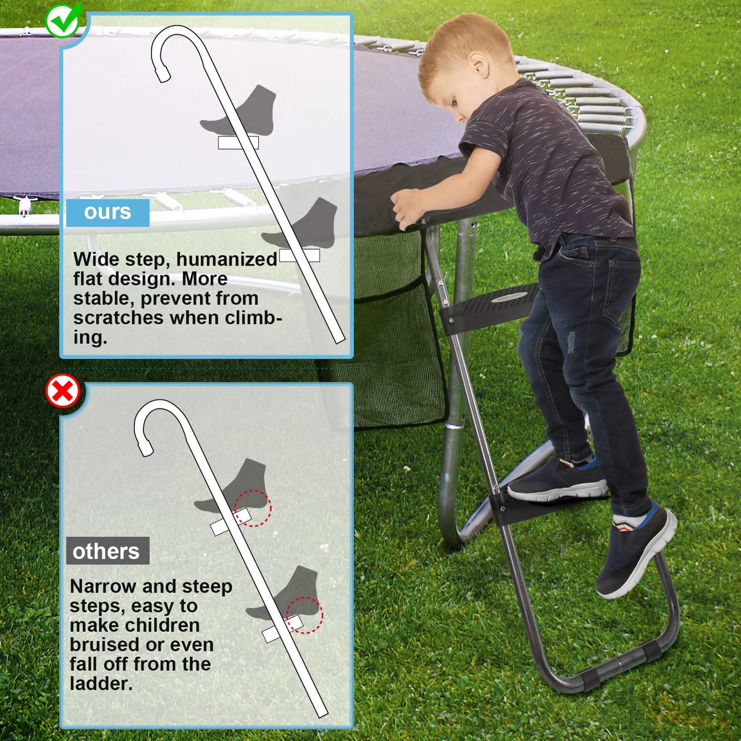 HBTower Trampoline Ladder, 2 Steps with Wide Steps, Trampoline Storage Bag, Universal Hook, 220 lbs Capacity Trampoline Accessories for Children Kids, Black