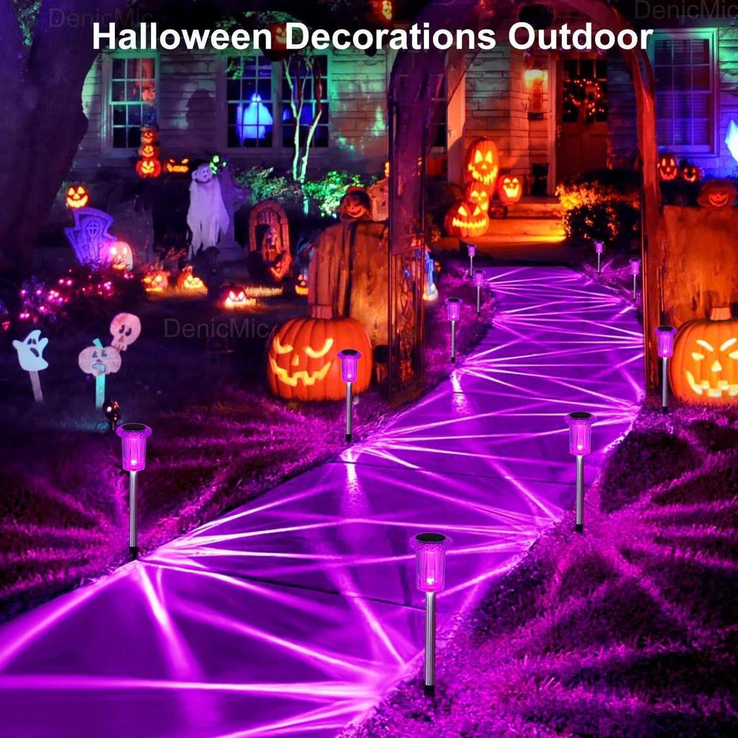 DenicMic Halloween Solar Lights Outdoor 10 Pack Purple LED Waterproof Yard Garden Patio Backyard Pathway Walkway Landscape Path Lawn Outside Halloween Decorations Outdoor