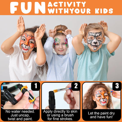 Jim&Gloria Water Based Face Paint Sticks Bulk 32 Professional Face Painting Kit for Kids Party, Metallic, Neon, Classic Facepaint Crayons, Washable Body Paint Adults Cosplay, Clown, Halloween Makeup