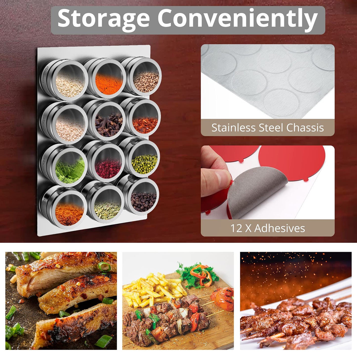 HOMGEN Magnetic Spice Jars 12-Pack - 3.4oz Stainless Steel Spice Containers with Magnet Strong Hold- Includes Labels & Chassis for Fridge/BBQ/Camping, Space-Saving Kitchen Organizer for Pantry & RVs