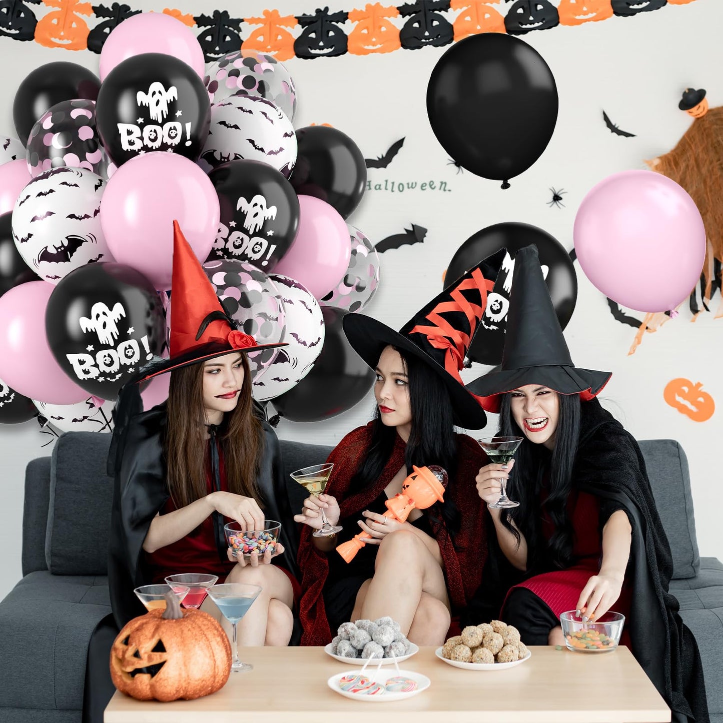 FunHot Halloween Party Balloons, 60Pcs Pink Black Halloween Balloon, 12 Inch Black Pink Confetti Balloons Bat Ghost BOO Printed Pattern Balloon with Ribbons for Kids Birthday Halloweens Decoration