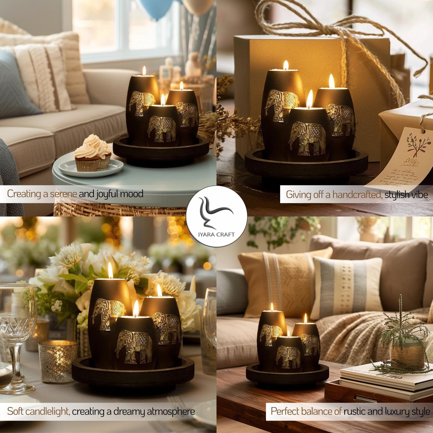 IYARA CRAFT Elephant Tealight Candle Holder Set – 3 Handmade Wood Holders with Tray – Elegant Home Decor & Thoughtful Gift for Mother’s Day, Birthday, Housewarming