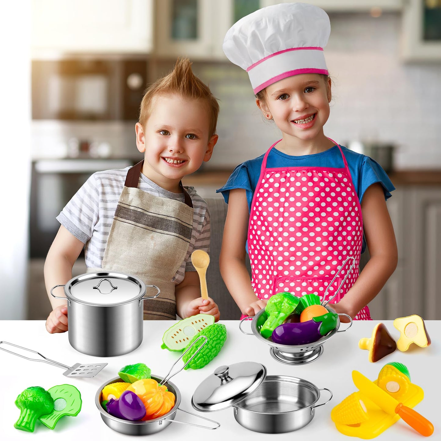 Juboury Kitchen Pretend Play Toys with Stainless Steel Cookware Pots and Pans Set, Cooking Utensils, Apron & Chef Hat, Cutting Vegetables for Kids, Girls, Boys, Toddlers