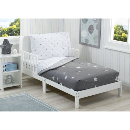 Delta 4-Piece Reversible Toddler Bedding Set - Fitted Sheet, Top Sheet, Pillowcase, 2-in-1 Comforter - For Boys, Dusty Skies & Grey Stars