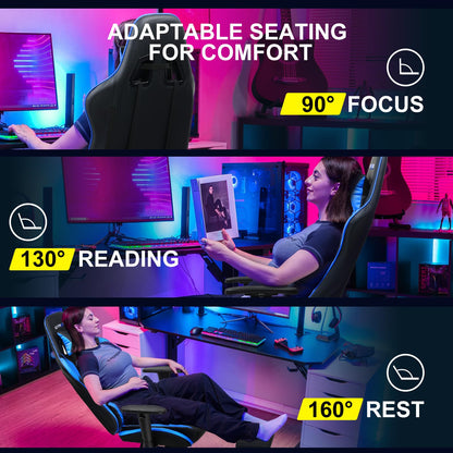 GTRACING Gaming Chair with Footrest, Ergonomic Computer Game Desk Chair, Reclining Game Chair Seat Height Adjustment, Swivel Rocker with Headrest and Lumbar (Blue)