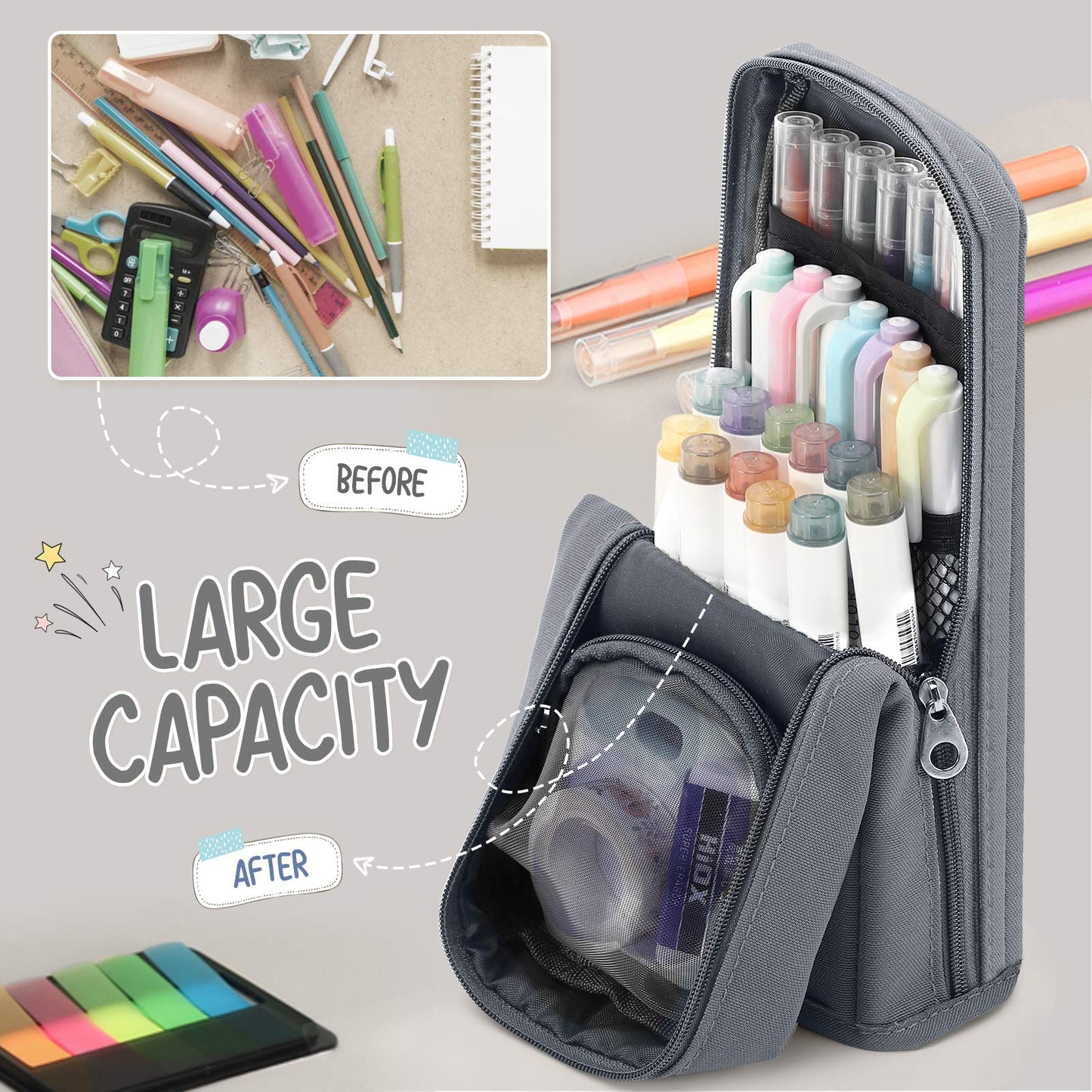 Housolution Standing Pencil Case Large Capacity Pen Bag, Multi-Layer Pen Pouch Pencil Holder Stationery Organizer, Polyester Pencil Bag Storage Box Desk Organizer, Gray