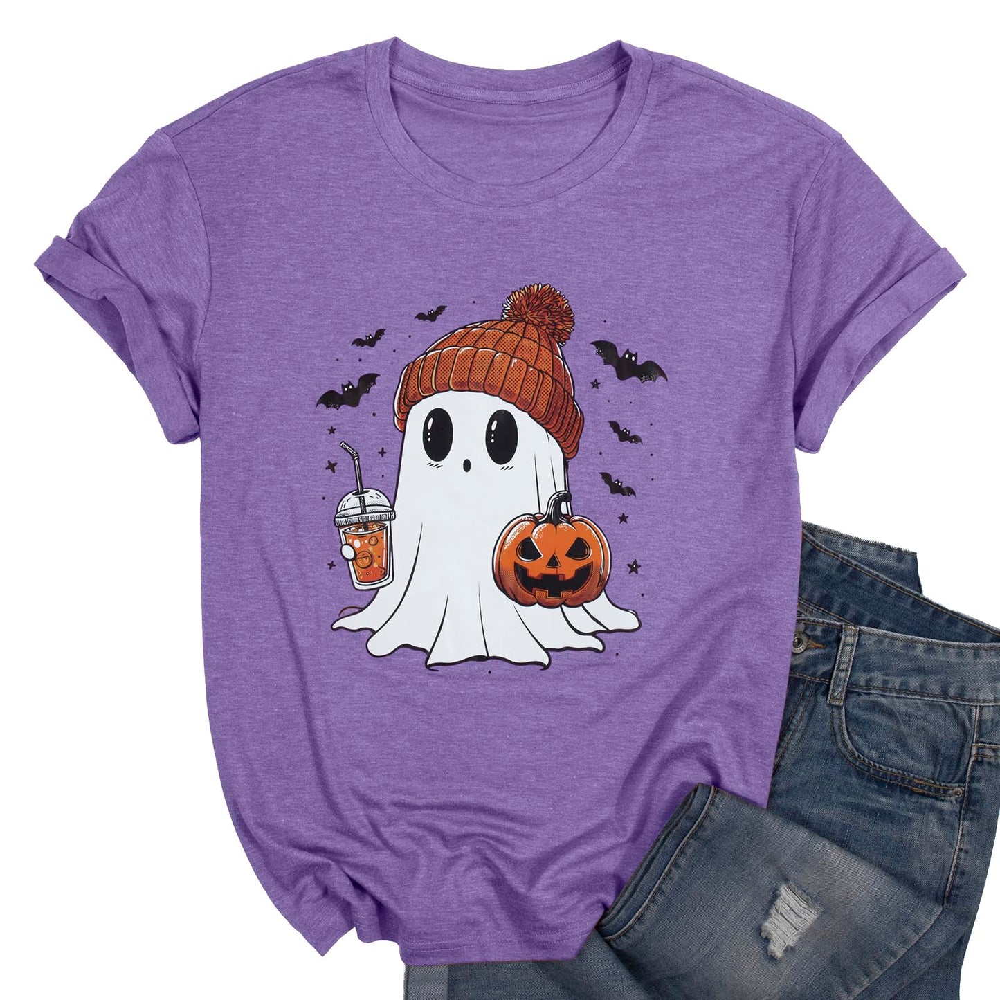 Halloween Shirts for Women Cute Ghost Shirt Fall Pumpkin Tshirt Coffee Lover Graphic Tees Casual Short Sleeve Tops