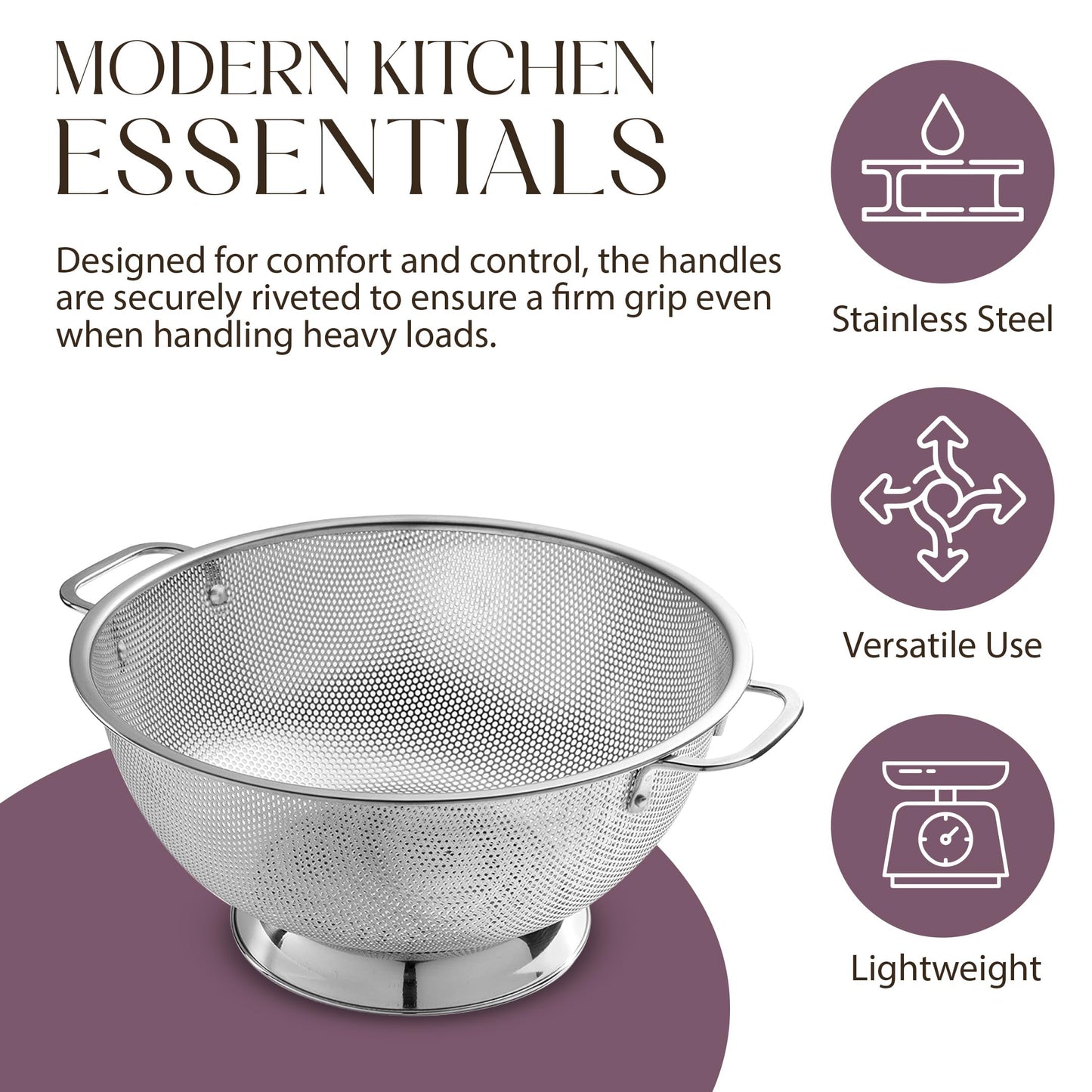 Bellemain Colander for Kitchen – 5 Qt Stainless Steel Strainer with Handle - 18/8 Pasta Strainer Bowl for Pasta, Spaghetti, Vegetables, Fruit, and Pot Draining - Stainless Steel Colander