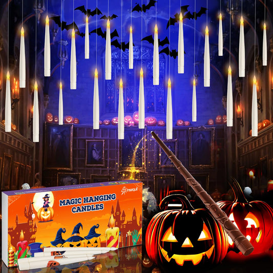 Floating Candles with Wand Remote, 20 Pcs Magic Halloween Hanging Candles, Flickering Warmer Light Flameless LED Candles with DIY Sticker, Battery Operated Halloween Decorations Gifts Indoor (20)