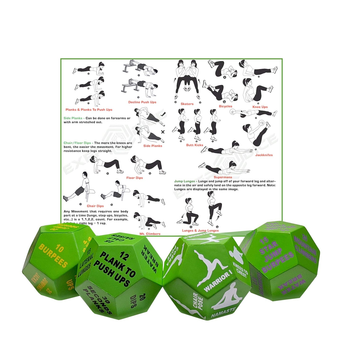 4-Pack Exercise Dice Bundle with Fitness Manual & Bag | Perfect for HIIT, Cardio, Yoga, Stretching, Strength Training, Sports, Crossfit, Plyometrics, Body Weight, Group Class, All Ages, WOD
