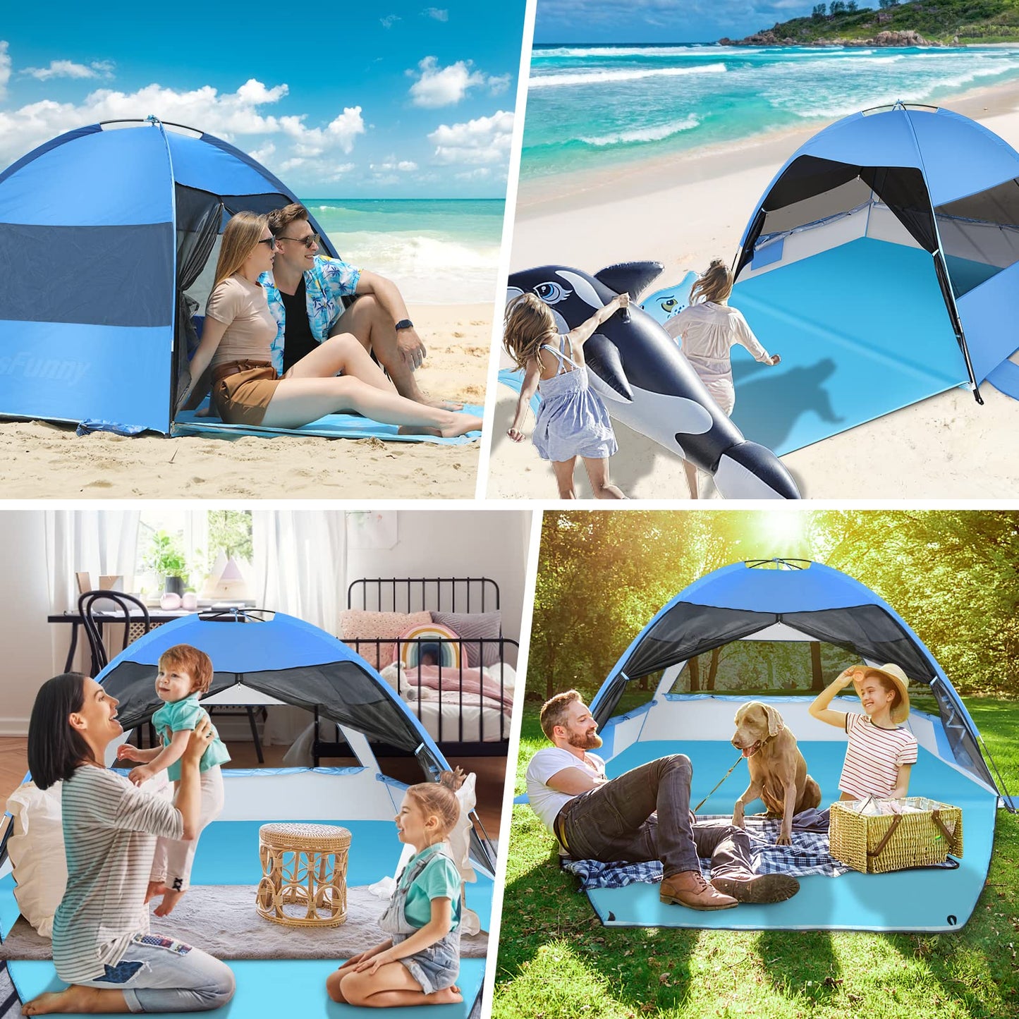 Large Easy Setup Beach Tent,Anti-UV Beach Shade Beach Canopy Tent Sun Shade with Extended Floor & 3 Mesh Roll Up Windows Fits 3-4 Person,Portable Shade Tent for Outdoor Camping Fishing (Blue)