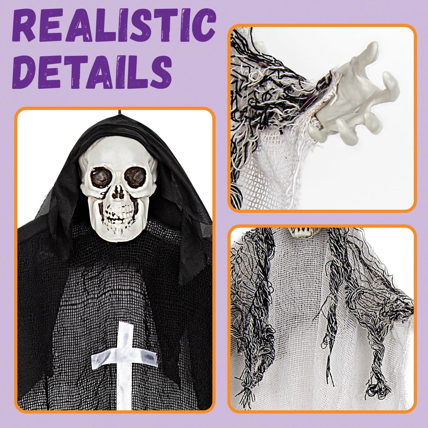 Halloween Hanging Skeleton Ghosts (3 Pack), One 36” and Two 32” Halloweens Grim Reapers, Flying Ghosts for Haunted House Prop Décor, Indoor/Outdoor Halloween Decorations