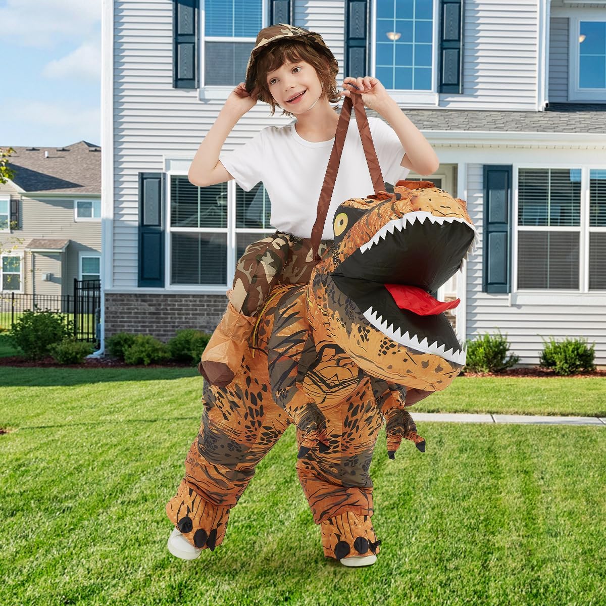GOOSH Inflatable Dinosaur Costume Kids –Halloween Party Blow up T Rex Outfit, Breathable Fabric, Lightweight & Flexible for Cosplay, Parades (7-10Yrs)