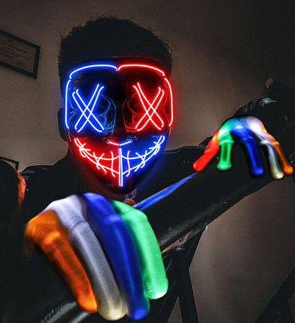 Halloween Mask Skeleton Gloves Set, Halloween Costumes Gifts for Men Women Boys Girls, 3 Modes Light Up Scary LED Mask with LED Glow Gloves, Halloween Decorations Scary Scream Anonymous Masks