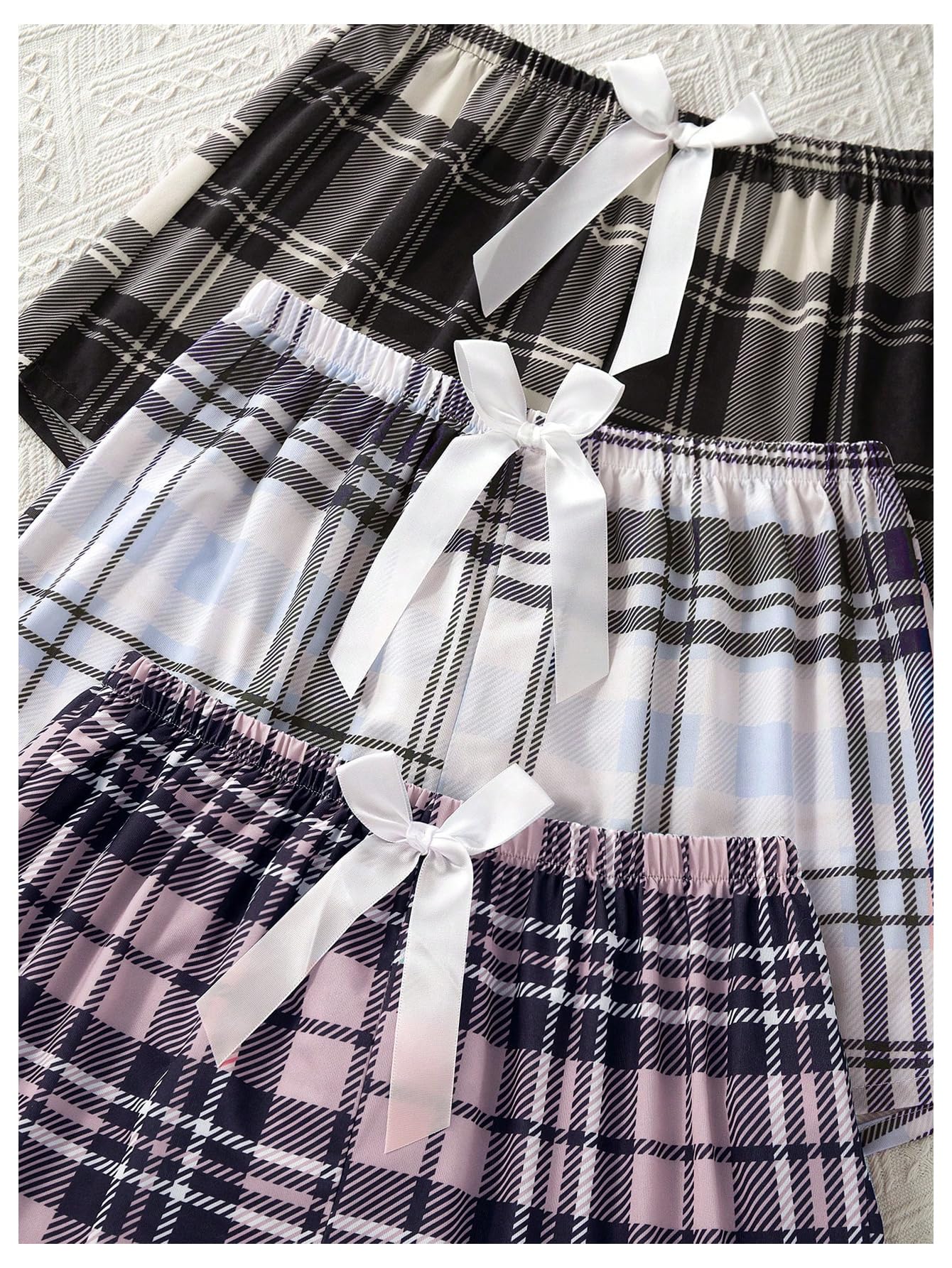 GORGLITTER Women's 3 Piece Plaid Pajama Shorts Elastic Waist Cute Pj Sleep Lounge Shorts Black White Pink Small