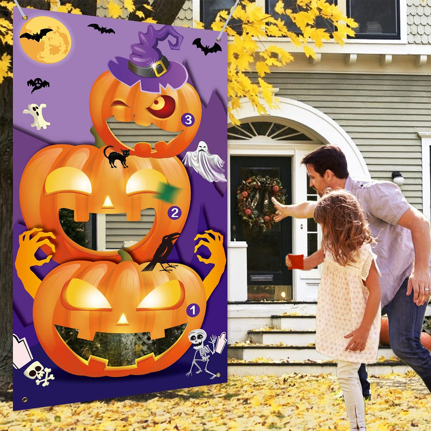 Eunvabir Halloween Party Games for Kids 30'' X 55'', Bean Bag Toss with 3 Bean Bags and Pumpkin Banner, Halloween Carnival Games Teen Adults Indoor Outdoor Fall Festival Carnival Party Decorations