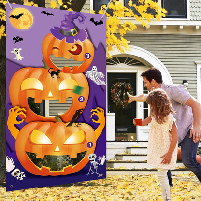 Eunvabir Halloween Party Games for Kids 30'' X 55'', Bean Bag Toss with 3 Bean Bags and Pumpkin Banner, Halloween Carnival Games Teen Adults Indoor Outdoor Fall Festival Carnival Party Decorations