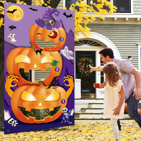 Eunvabir Halloween Party Games for Kids 30'' X 55'', Bean Bag Toss with 3 Bean Bags and Pumpkin Banner, Halloween Carnival Games Teen Adults Indoor Outdoor Fall Festival Carnival Party Decorations