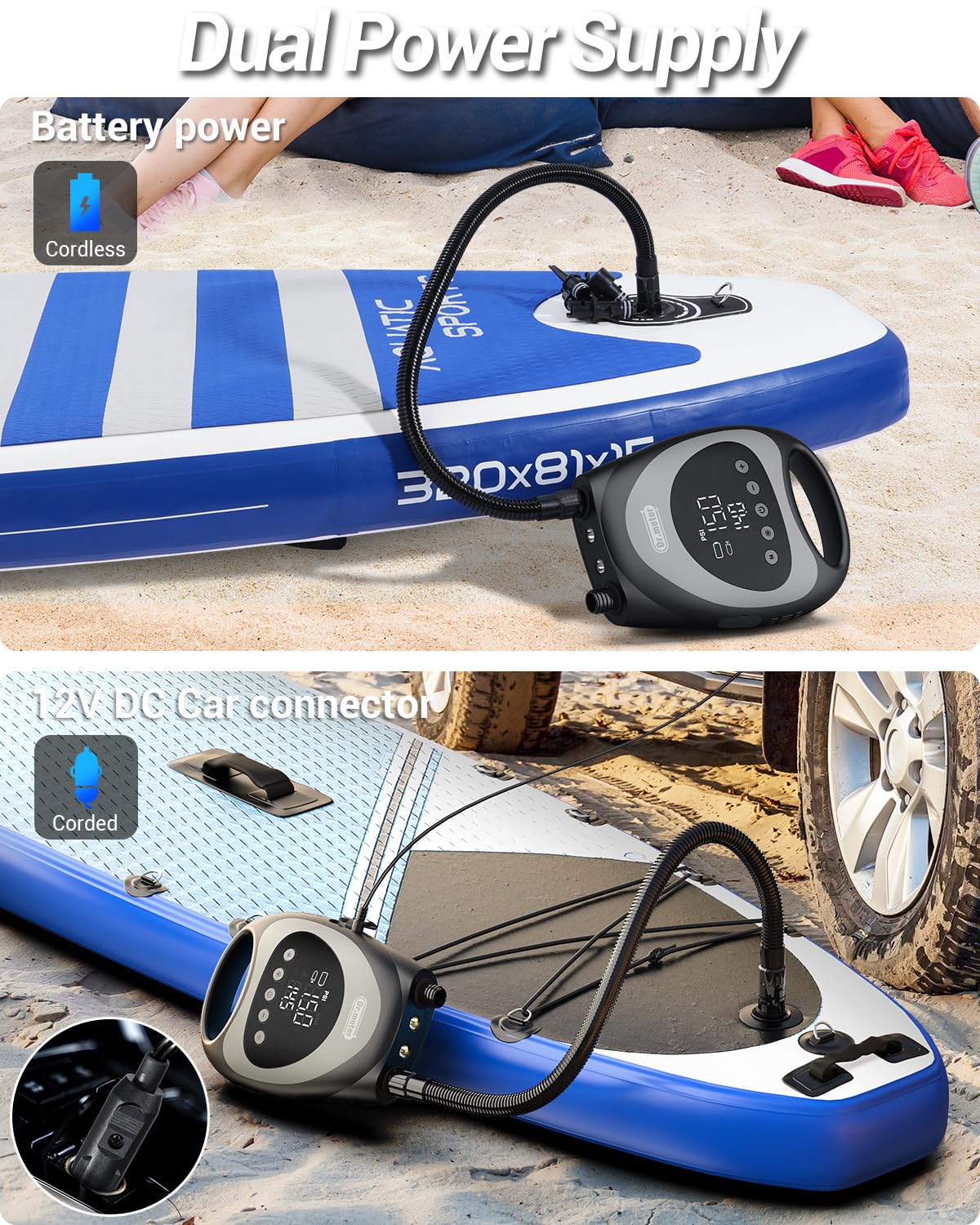 Dr.meter Paddle Board Pump, Rechargeable 20PSI High Pressure Dual Powered Portable Electric SUP Air Pump with LED Light Auto-Off Inflate Deflate, for Stand Up Paddle Boards Inflatable Kayaks Boats