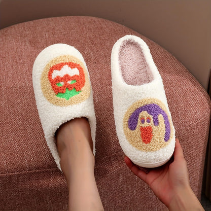 Halloween Slippers Womens Mens Retro Cozy Fluffy Plush Embroidered printing Warm Memory Foam Plush Warm Spooky Lantern Slippers Closed Toe House Bedroom Shoes Cookie Pumpkin39-40