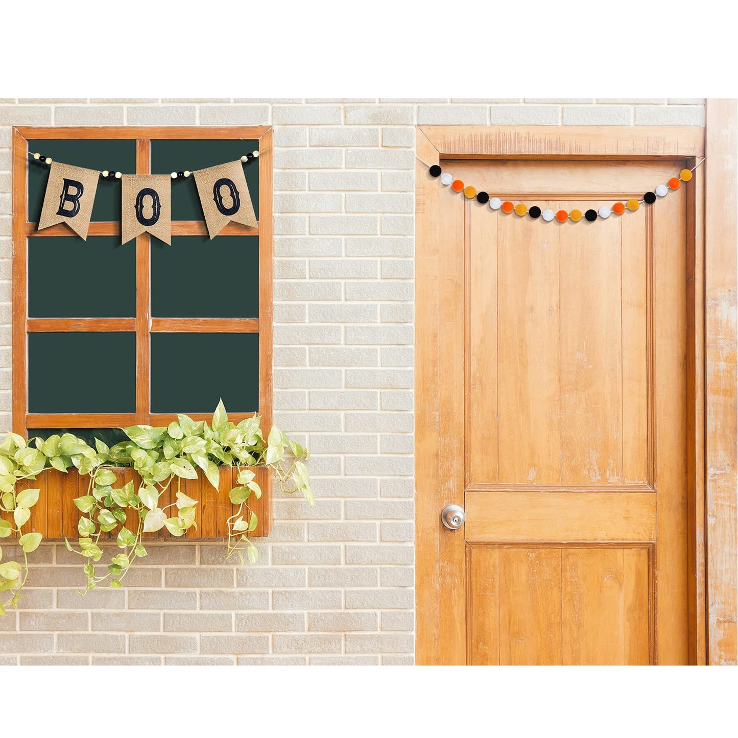 2 Pcs Pre Strung Happy Halloween Banners Rustic Burlap Boo Banners with Felt Ball Pom Pom Garland for Halloween Decorations Indoor Fireplace Mantle Walls Decor