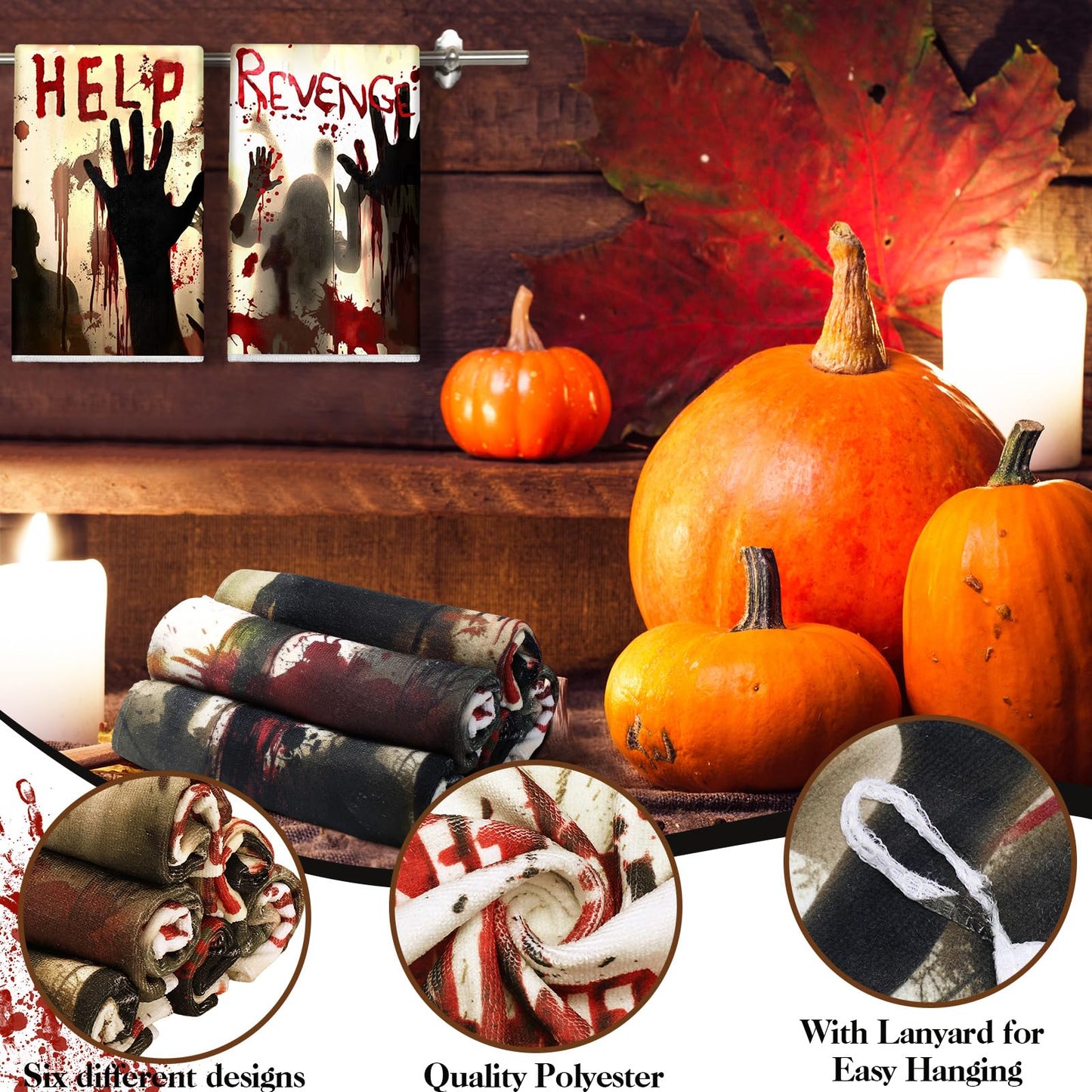 Ganeen 6 Pcs Halloween Kitchen Towels Scary Ghost Dish Towels Bloody Text Hand Towel Horror Zombie Towels 14.2 x 21.3 Inch for Decorative Bathroom Guest Holiday