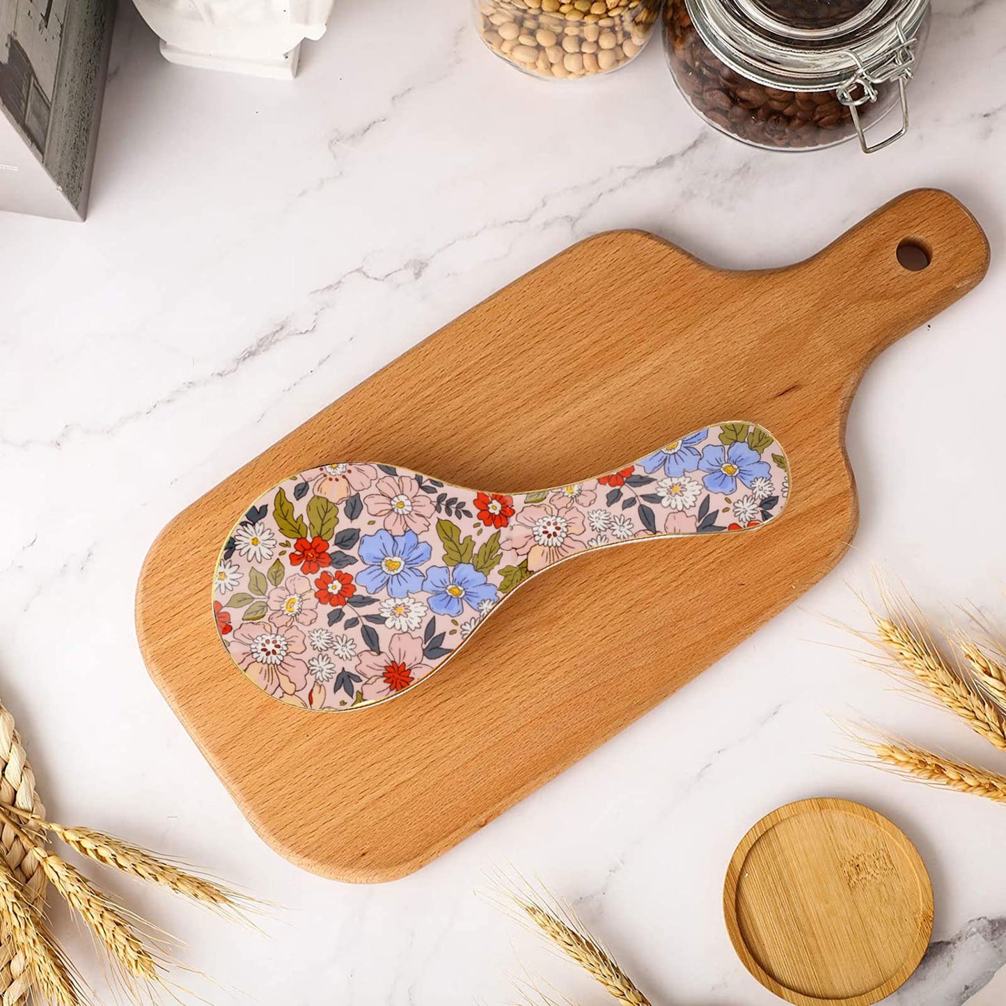LEAZUL Ceramic Spoon Rest for Stove Top Kitchen Counter Large Spoon Holder Farmhouse Floral Flowers Print Coffee Spoon Cooking Utensil Tools Rest Modern Kitchen Decor