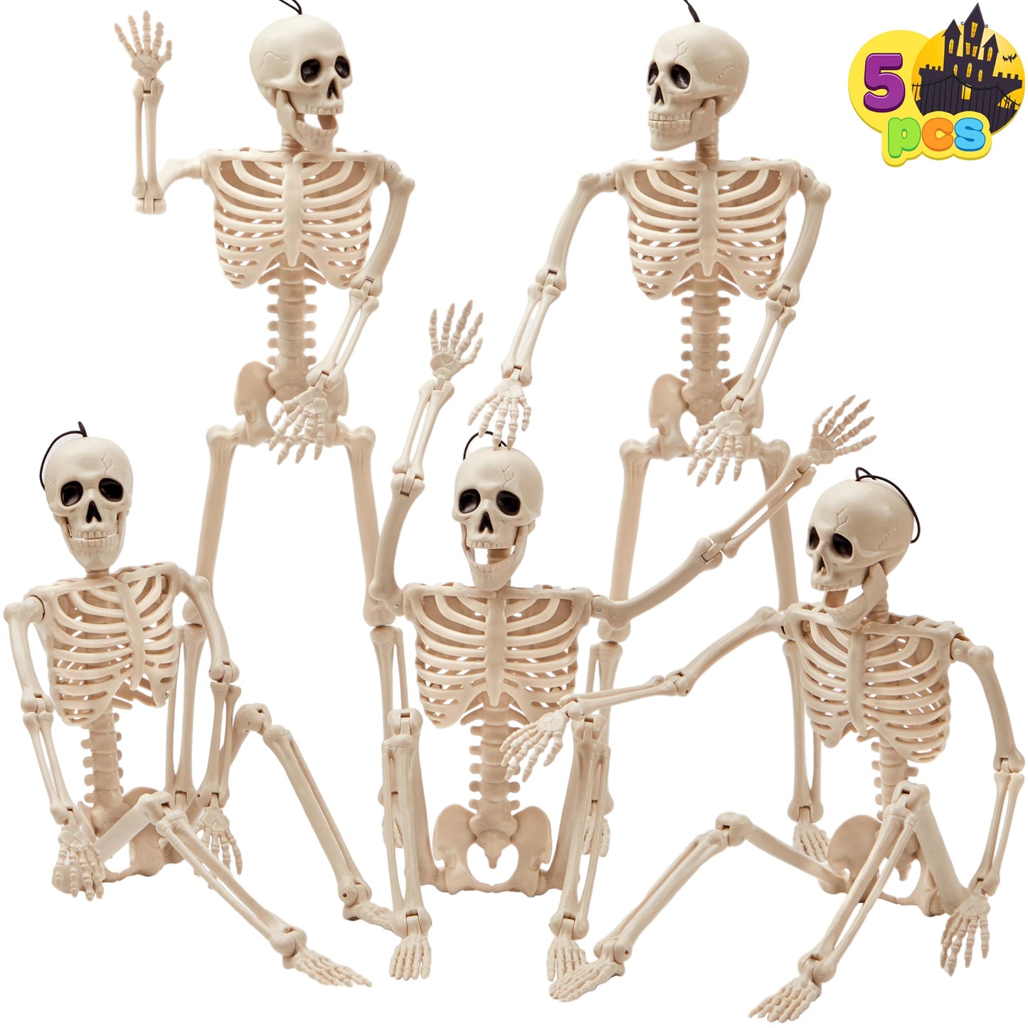 JOYIN 5 PCS Posable Halloween Skeleton Decor 16 Inches, Full Body Posable Joints Hanging Skeletons for Halloween Decorations, Graveyard Props, Haunted House Accessories, Spooky Scene Party Favors