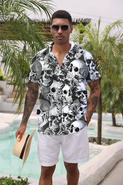 Goodstoworld Hawaiian Mens Skull Shirts 3D Halloween Horror Short Sleeve Print Teen Boys Aloha Button Down Dress Shirt Polo Party Gift Tops Black Grey