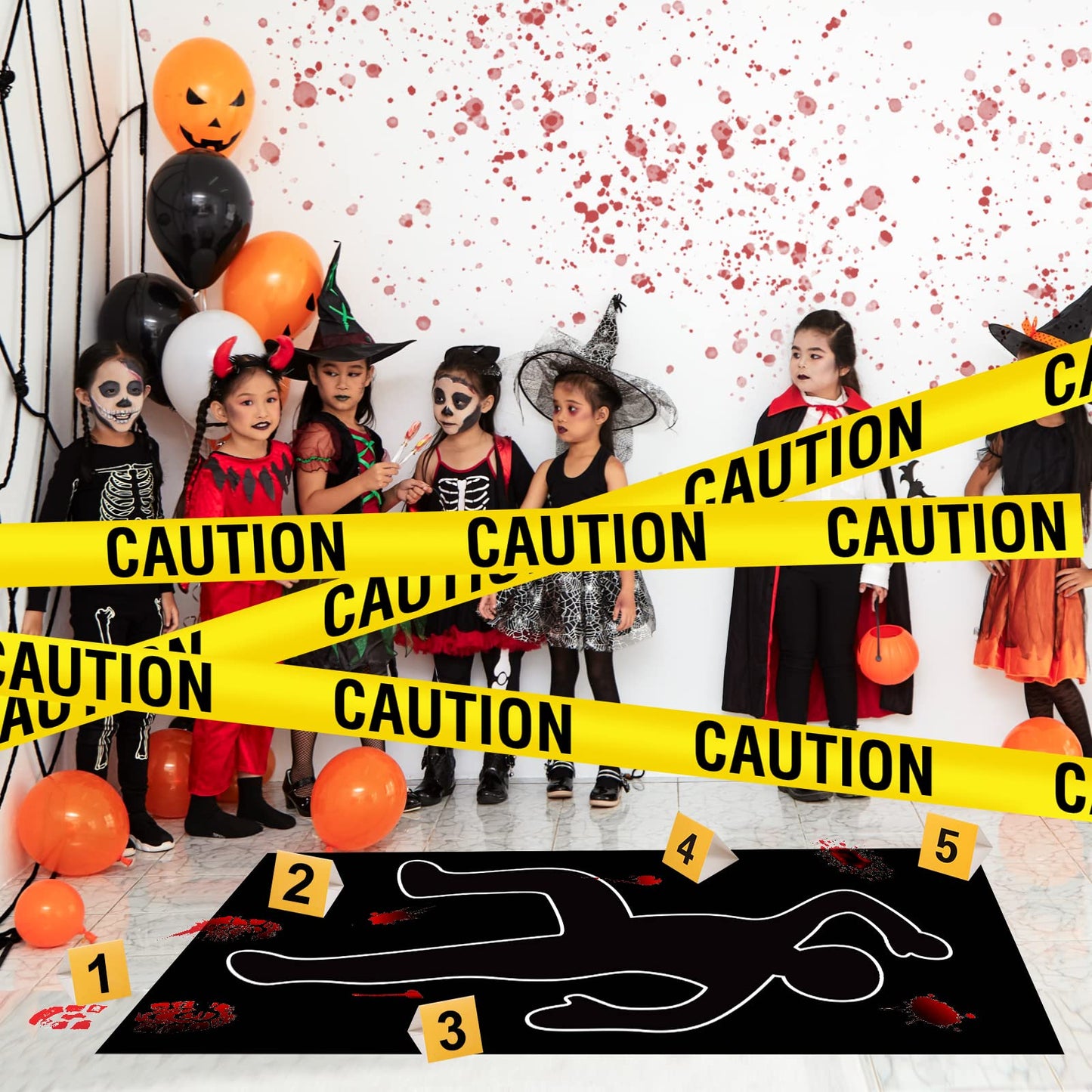 16 Pieces Halloween Crime Scene Decorations Kit Murder Mystery Dinner Party Game Supplies Includes Body Silhouette Crime Scene Tape Evidence Markers and Blody Sticker Home for Crime Scene Party Decor