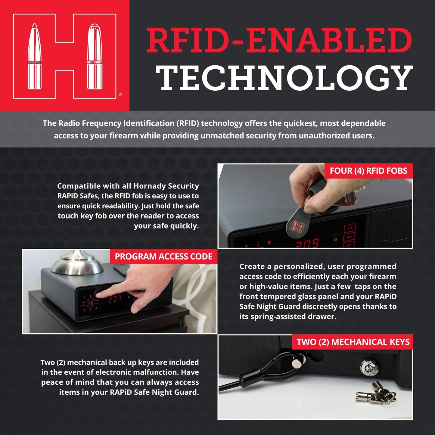 Hornady Rapid Safe Night Guard – Nightstand Gun Safe with RFID Reader, Clock, USB Ports – RFID Safe for Fast, Multiple Method Entry – Includes Rapid Safe, 3 Methods of Entry and Security Cable