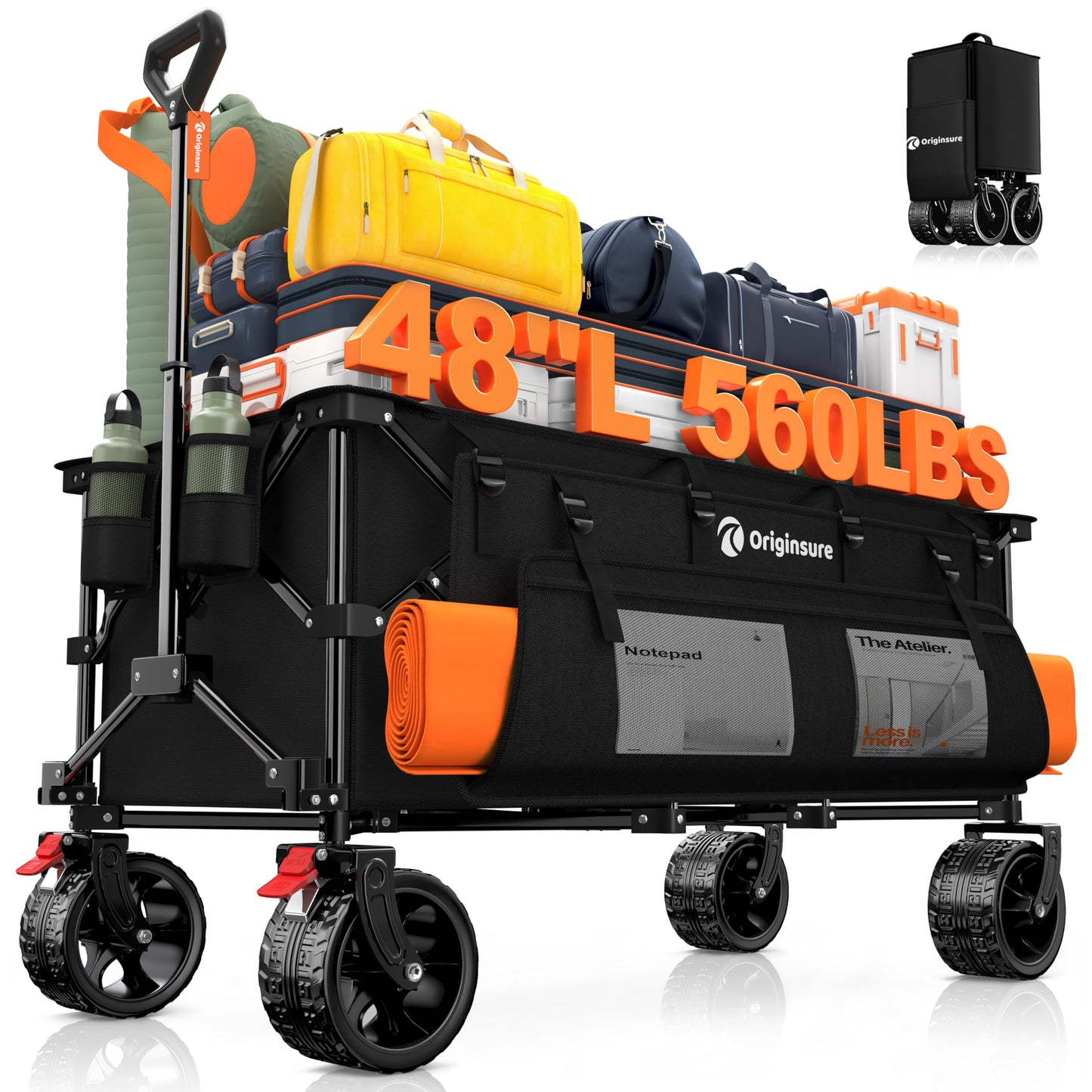 48" L Collapsible Wagon Cart Foldable, 560LB Weight Capacity 300L Heavy Duty Folding Beach Wagons with Big All-Terrain Wheels, Utility Carts for Groceries, Shopping, Camping, Sports - Black