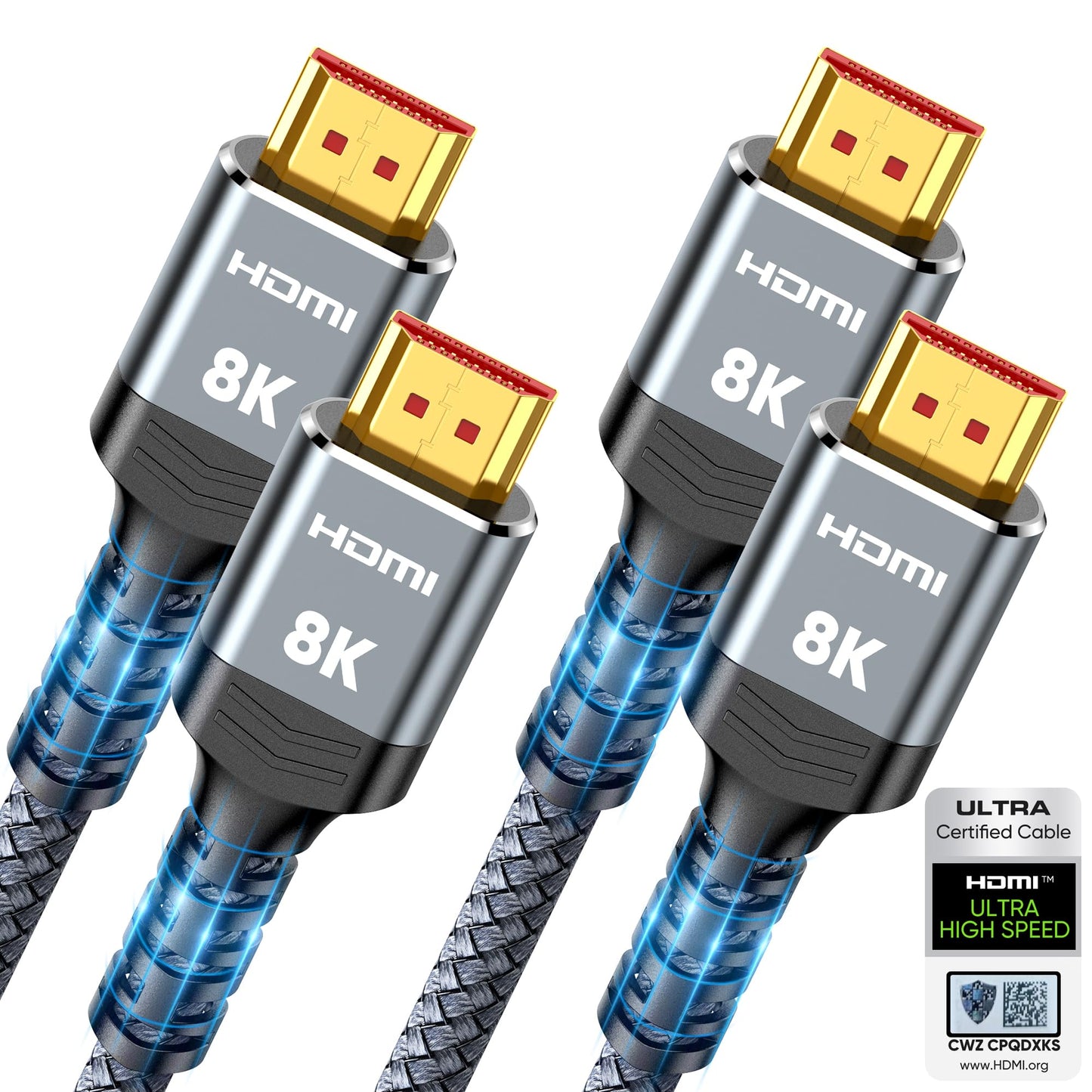10K 8K HDMI 2.1 Cable 2-Pack 6.6FT, Highwings Certified 48Gbps Ultra High Speed Slim HDMI Cord,Support 4K@120Hz 8K@60Hz, HDCP 2.2&2.3, Dynamic HDR,eARC,DTS:X, Compatible with Roku TV/HDTV/PS5/Blu-ray