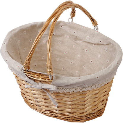 KINJOEK Wicker Woven Basket, 14 x 11 x 6.7 Inch Multipurpose Willow Basket with Handle Premium Linen Cotton Cloth Lining for Storage and Decoration, Natural